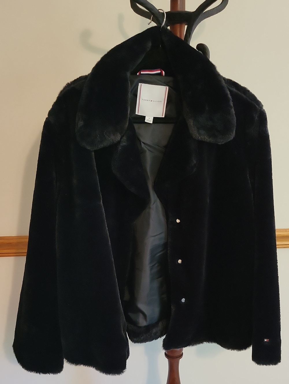 Tommy Hilfiger Black Plush Faux Fur Snap Front Collared Jacket Coat